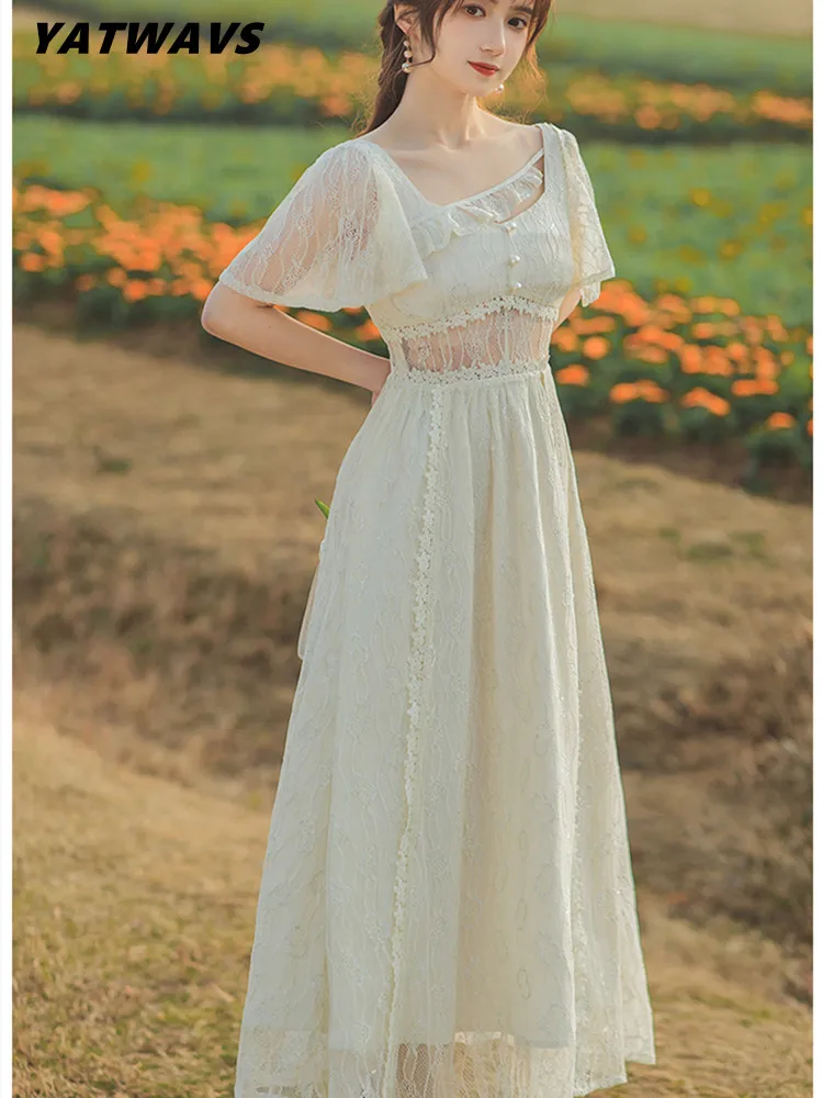 

New Runway Lace Splicing Flying Sleeve Dress Women Summer Fashion Beading Sexy Hollowed Out Elegant Vintage Long Dresses