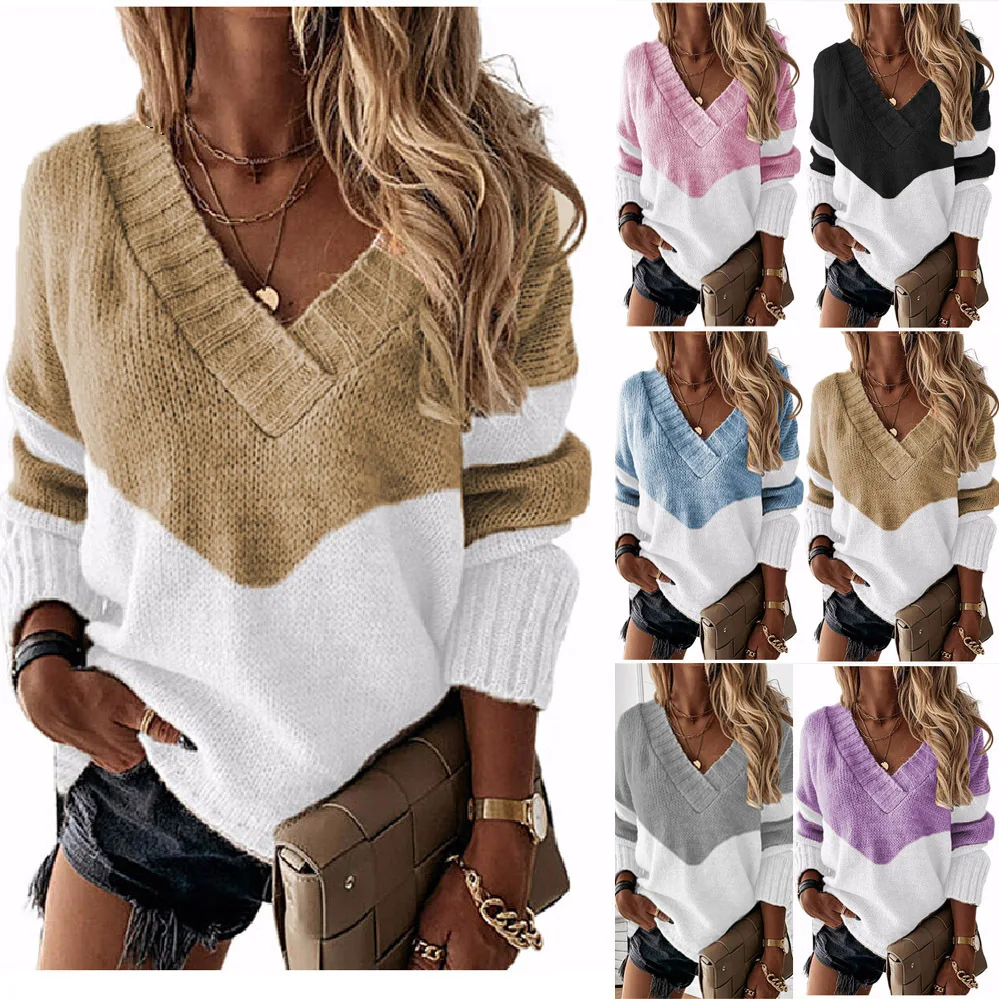Autumn Winter Warm Female Jumper Women's Knitted Sweater Sexy V-neck Stitching Contrast Color Long-Sleeved Knitting Top Sweater
Autumn Winter Warm Female Jumper Women's Knitted Sweater Sexy V-neck Stitching Contrast Color Long-Sleeved Knitting Top Sweater