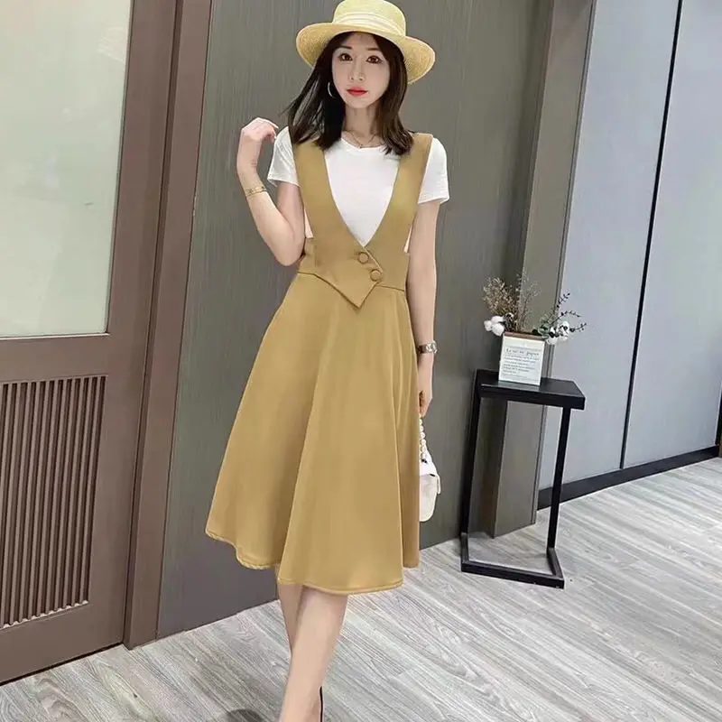 Women 2022 Summer New Fashion Suits Female Short Sleeve O-neck Casual T-shirt + Loose A-line Dress Ladies Two-piece Sets J41
Women 2022 Summer New Fashion Suits Female Short Sleeve O-neck Casual T-shirt + Loose A-line Dress Ladies Two-piece Sets J41