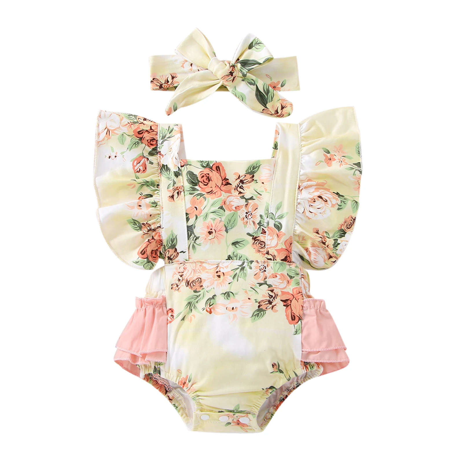 Baby Girl Romper Lace/Floral Print Design Flying Sleeves Square Neck Style Jumpsuit + Bow Headband
Baby Girl Romper Lace/Floral Print Design Flying Sleeves Square Neck Style Jumpsuit + Bow Headband