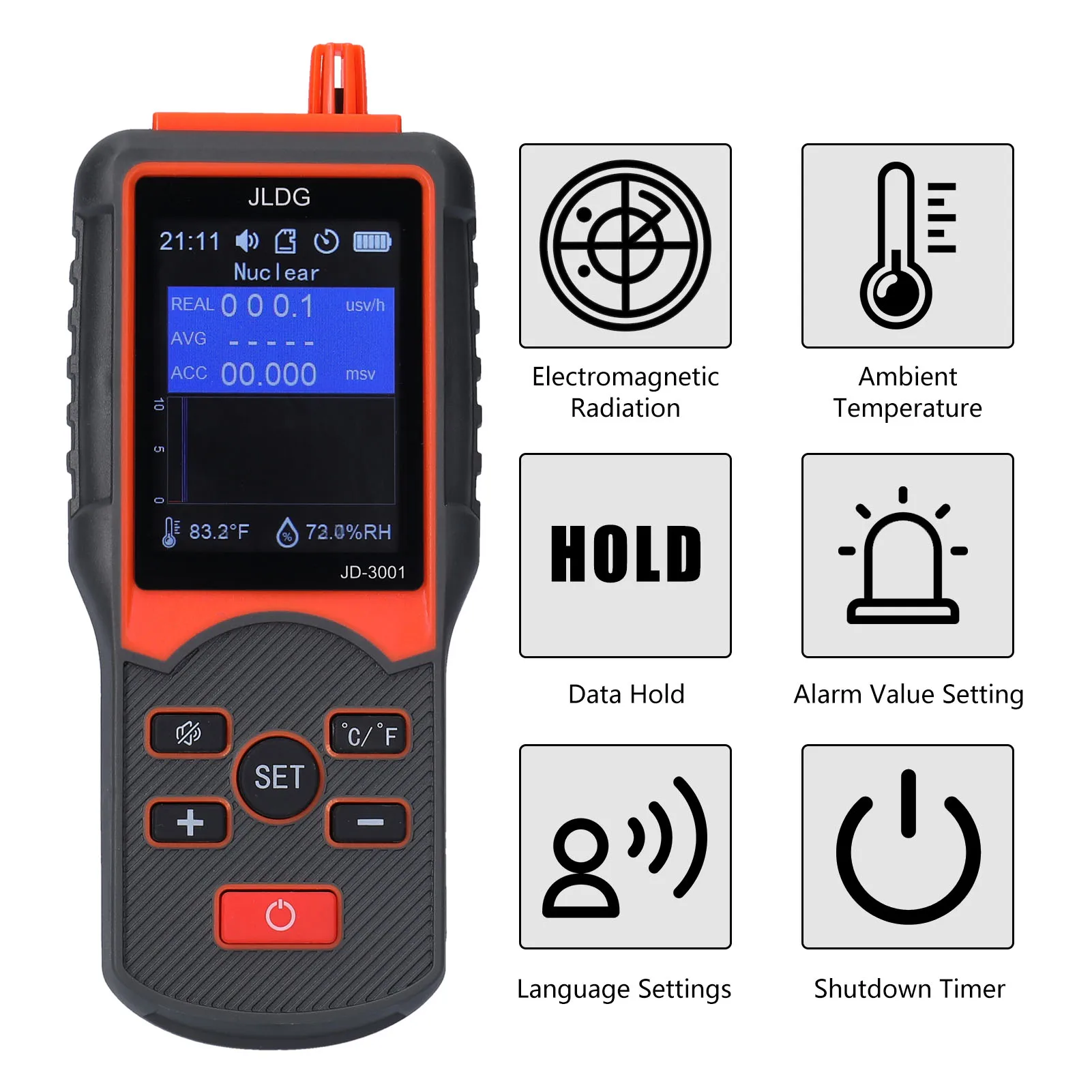JD-3001 Geiger Counter Electromagnetic Radiation Detector Temperature and Humidity Measurement Device with Data Export Function
JD-3001 Geiger Counter Electromagnetic Radiation Detector Temperature and Humidity Measurement Device with Data Export Function