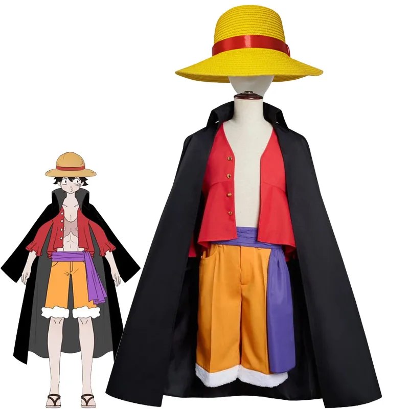 

Anime One Piece Costume Monkey D. Luffy Cosplay Trench Coat And Sorts Suits Hat Halloween Party Performance Clothing