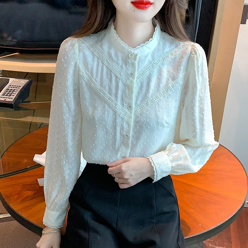 

Elegant Office Lady Shirt Sweet Apricot Tops Fashion Polka Dot Lace Blouse Korean Buttons Long Sleeve Slim Female Clothing 24560