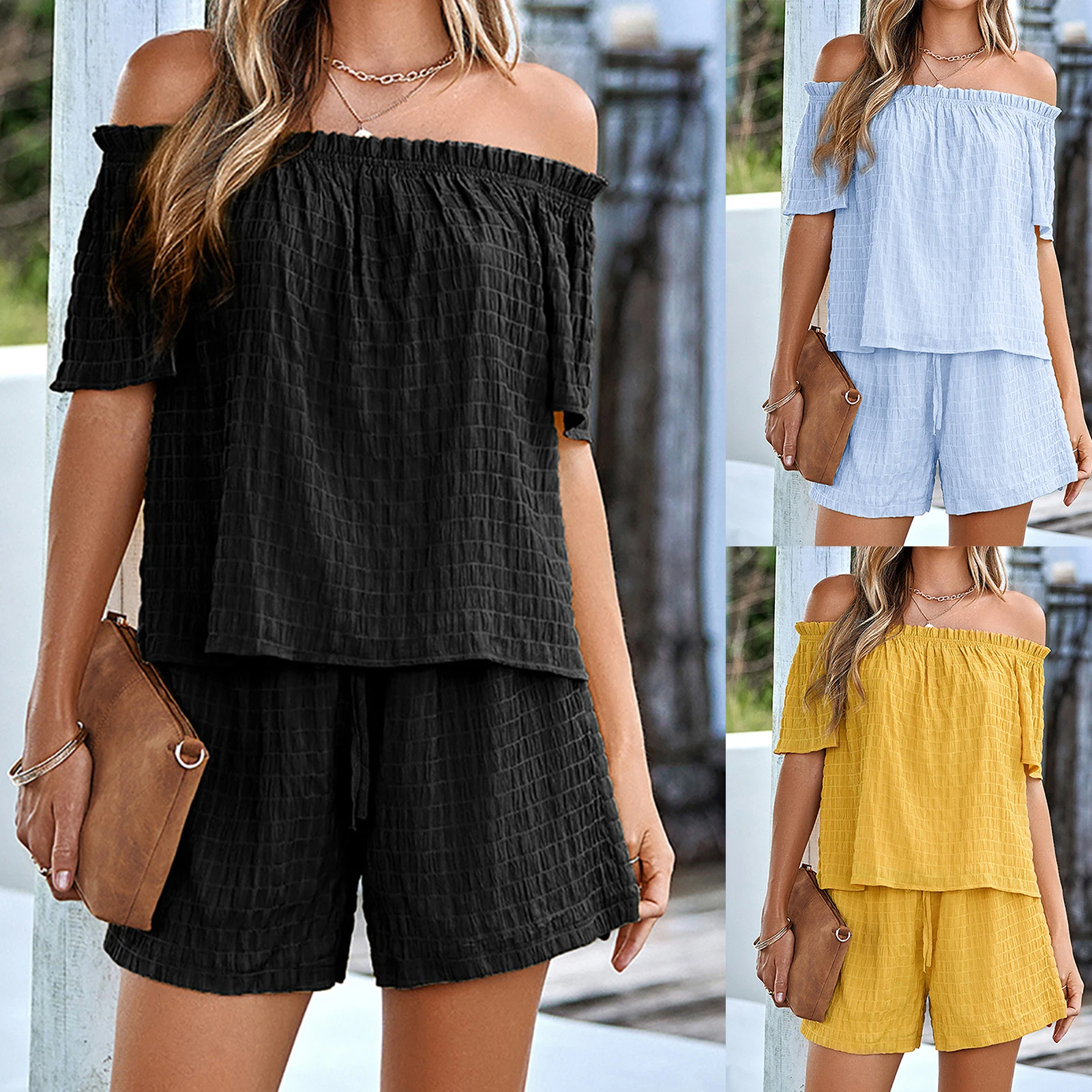 Women Summer Solid Colour 2 Pieces Outfits Slash Neck Short Sleeve Shirt Short Pants Set Loose Fit Holidays Matching Sets
Women Summer Solid Colour 2 Pieces Outfits Slash Neck Short Sleeve Shirt Short Pants Set Loose Fit Holidays Matching Sets