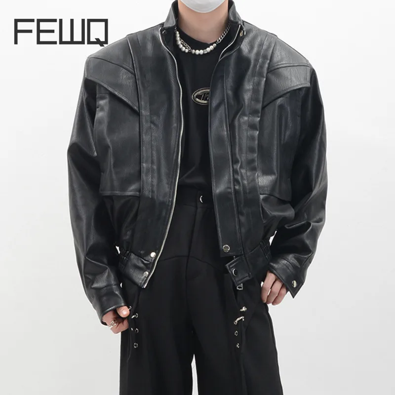 

FEWQ Tide Niche Design Men Retro Leather Coat Loose Standing Collar Casual Fashion Versatile Trendy Spring Autumn Jacket 24B3298