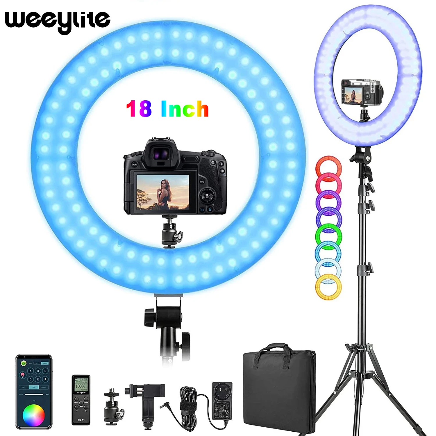 Weeylite WE-10 18 Inch RGB Video Ring Light Kit 360 Full Color Dimmable LED Ring Light With Tripod App Control Wireless Remote
Weeylite WE-10 18 Inch RGB Video Ring Light Kit 360 Full Color Dimmable LED Ring Light With Tripod App Control Wireless Remote
