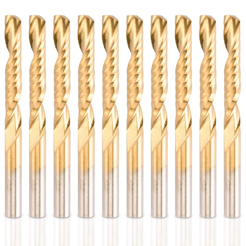 10 Pack CNC Router Bits Spiral Router Bit Set Titanium Coated End Mill 1/8 Shank Single 1 Flute Milling Cutter Engraving 
10 Pack CNC Router Bits Spiral Router Bit Set Titanium Coated End Mill 1/8 Shank Single 1 Flute Milling Cutter Engraving