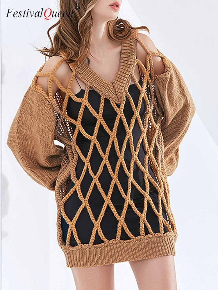 

Y2K 2023 осенний шикарный вязаный свитер с рукавами-фонариками для женщин чувственный V-образный вырез женский ажурный узор свободный крой вязаная одежда