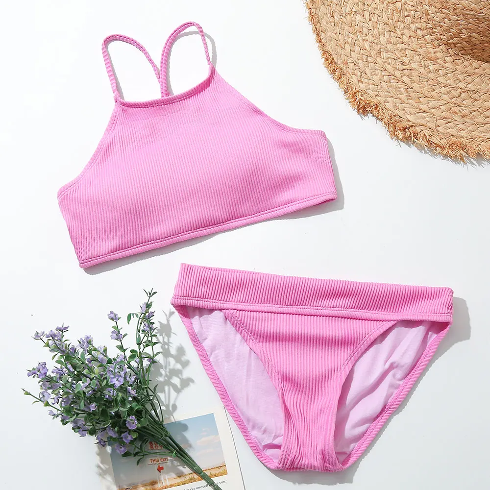 Solid Ribbed Girl Swimsuit Kids Halter Crop Top Bikini Set 7-14Years Two Piece Children's Swimwear Criss Cross Bathing Suit 2022
Solid Ribbed Girl Swimsuit Kids Halter Crop Top Bikini Set 7-14Years Two Piece Children's Swimwear Criss Cross Bathing Suit 2022