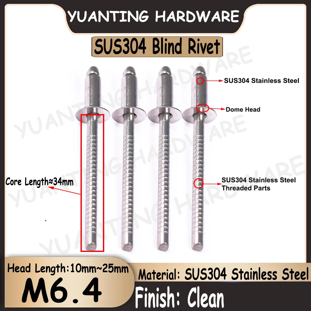 5Pcs M6.4x10mm~25mm All SUS304 Stainless Steel Round Head Pop Open Blind Rivets Bolt Dropper Self-plugging Core Threaded Rivet
5Pcs M6.4x10mm~25mm All SUS304 Stainless Steel Round Head Pop Open Blind Rivets Bolt Dropper Self-plugging Core Threaded Rivet