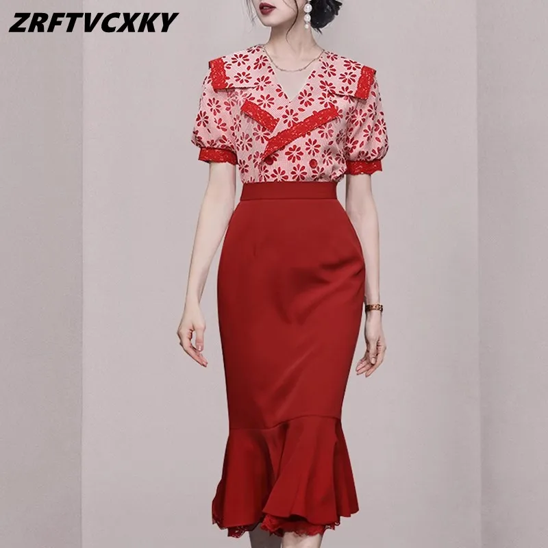 2023 Summer Women's 2 Pieces Suits Chic Short Sleeve Print Shirts & Fashion Lace Trim Sheath Mermaid Skirt Ladies Work Wear Sets
2023 Summer Women's 2 Pieces Suits Chic Short Sleeve Print Shirts & Fashion Lace Trim Sheath Mermaid Skirt Ladies Work Wear Sets