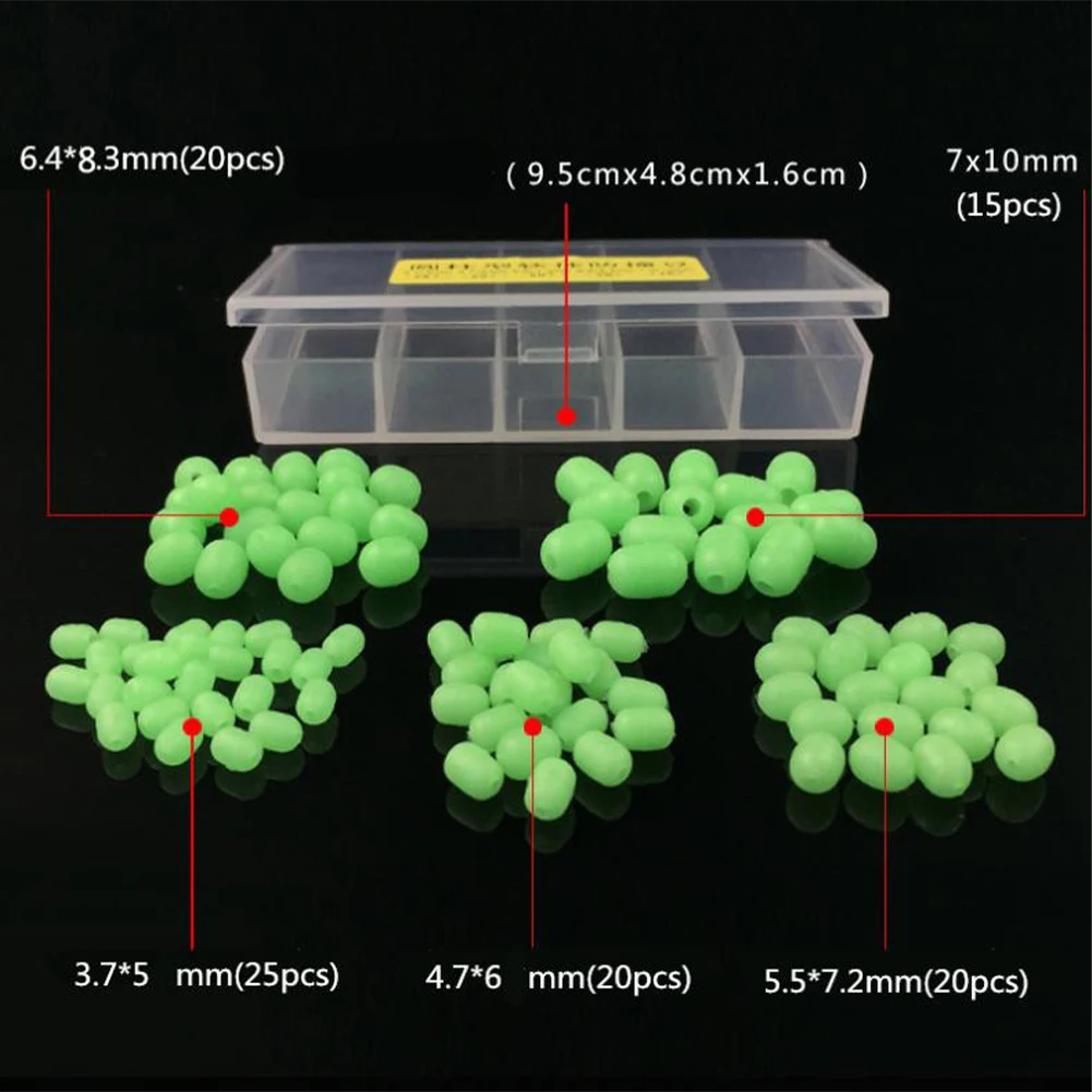100pcs/box Luminous Fishing Beads 5 Sizes Assorted Cylindrical Green Glow Beads Soft Rubber Beads for Sabiki Snapper Lure Rig
100pcs/box Luminous Fishing Beads 5 Sizes Assorted Cylindrical Green Glow Beads Soft Rubber Beads for Sabiki Snapper Lure Rig