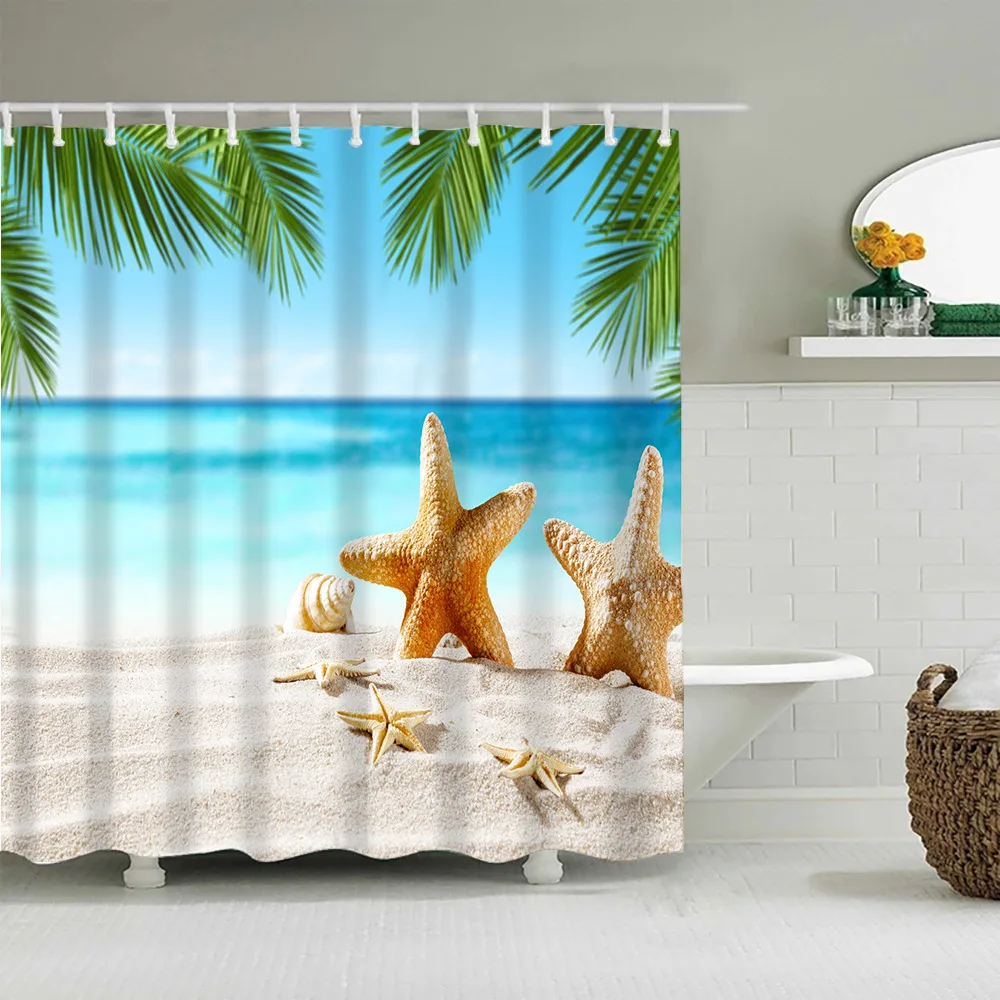 

Seaside Sea Beach Shower Curtains Ocean Coconut Tree Nature Scenery Bathroom Curtain Set Polyester Frabic Home Decor with Hooks