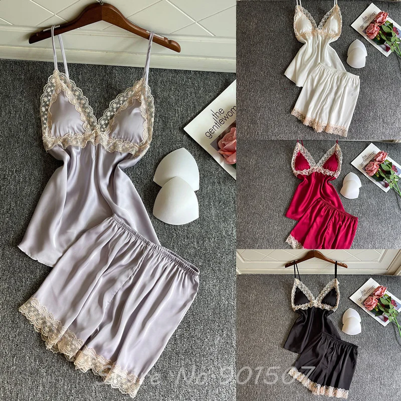 Women Sleewear Sexy Cami Shorts Female Pajamas Silk Satin Home Wear Lace Floral Nightwear Pyjamas 2Pcs Mini Home Clothes
Women Sleewear Sexy Cami Shorts Female Pajamas Silk Satin Home Wear Lace Floral Nightwear Pyjamas 2Pcs Mini Home Clothes