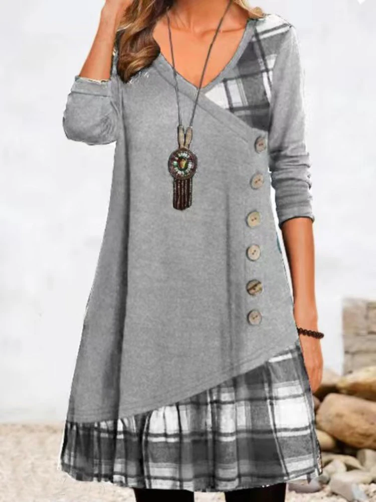 Women's Autumn Winter Dress Fashion Long Sleeve V-Neck Casual Cotton Splicing Button Party Dresses Female
Women's Autumn Winter Dress Fashion Long Sleeve V-Neck Casual Cotton Splicing Button Party Dresses Female