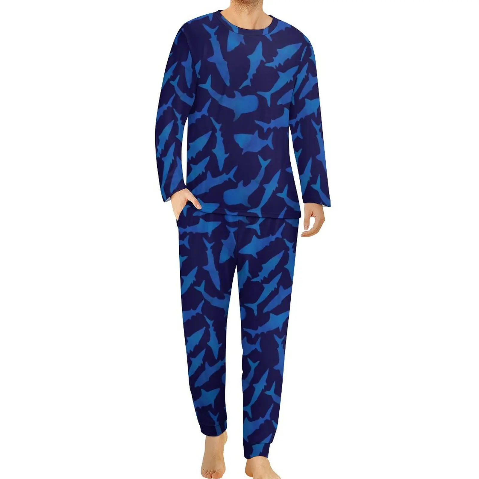 

Пижама в виде синей акулы, осенний комплект из 2 предметов, модный пижамный комплект с животным принтом, мужской домашний костюм большого размера с длинным рукавом для сна на заказ