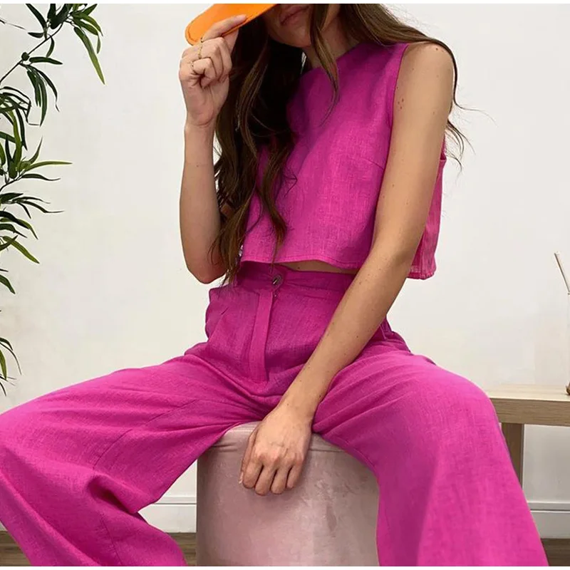 Summer New Women's Fashion Trousers Set Two-piece Cotton Linen Suits Solid O Neck Vest Tops Flared Pants Set Ladies Simple Chic
Summer New Women's Fashion Trousers Set Two-piece Cotton Linen Suits Solid O Neck Vest Tops Flared Pants Set Ladies Simple Chic