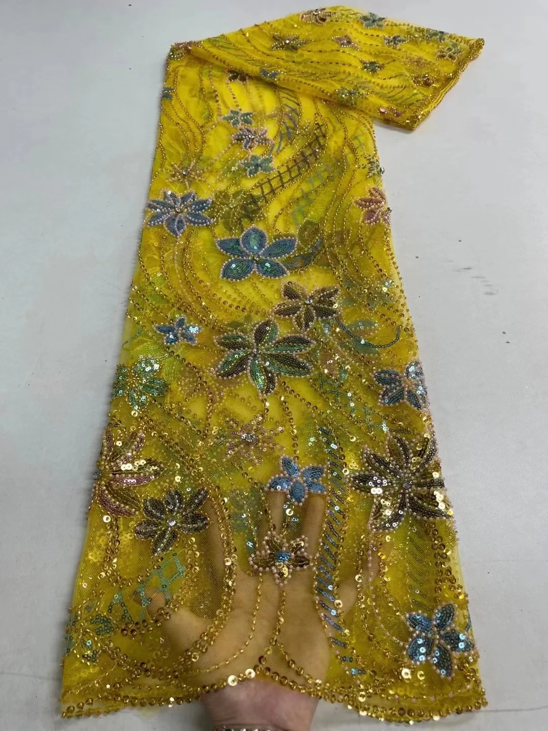 African Yellow Sequins Beaded Lace Fabric 2022 High Quality French Lace for Wedding Dress Latest Nigeria Embroidery Good Price
African Yellow Sequins Beaded Lace Fabric 2022 High Quality French Lace for Wedding Dress Latest Nigeria Embroidery Good Price