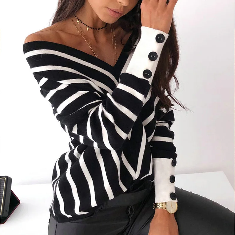 Women Bare Shoulder V-neck Sweater 2022 Autumn and Summer New Striped Loose Long-sleeved Bottoming Shirt Women's Top Sweater
Women Bare Shoulder V-neck Sweater 2022 Autumn and Summer New Striped Loose Long-sleeved Bottoming Shirt Women's Top Sweater