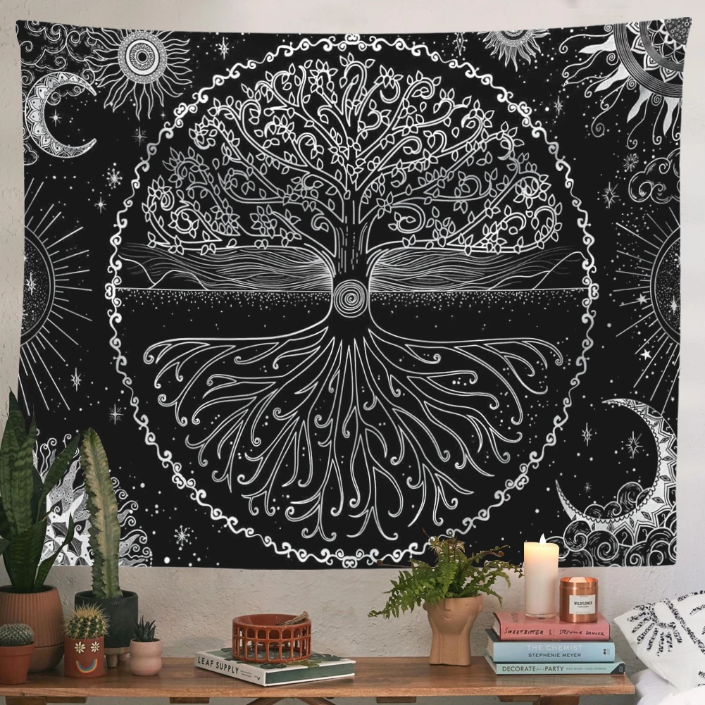 

Черно-белая искусственная настенная подвеска, гобелен с деревом жизни для спальни, домашний декор, настенные гобелены, лента с изображением солнца, Луны, звездного неба