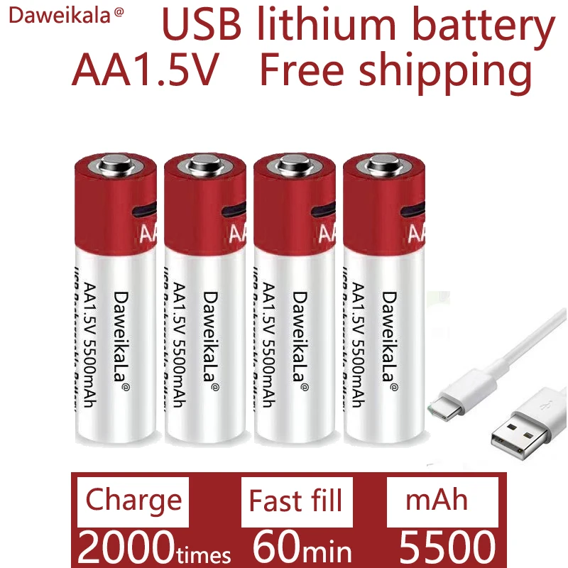 Daweikala New AA USB rechargeable Li ion battery 1.5V AA 5500mah / Li ion battery watch for toys MP3 player thermometer keyboard
Daweikala New AA USB rechargeable Li ion battery 1.5V AA 5500mah / Li ion battery watch for toys MP3 player thermometer keyboard