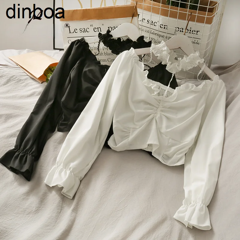 Dinboa-Женские однотонные короткие рубашки с лямкой на шее, блузки с длинными расклешенными рукавами, Корейская ажурная Осенняя французская м... 
Dinboa-Женские однотонные короткие рубашки с лямкой на шее, блузки с длинными расклешенными рукавами, Корейская ажурная Осенняя французская м...