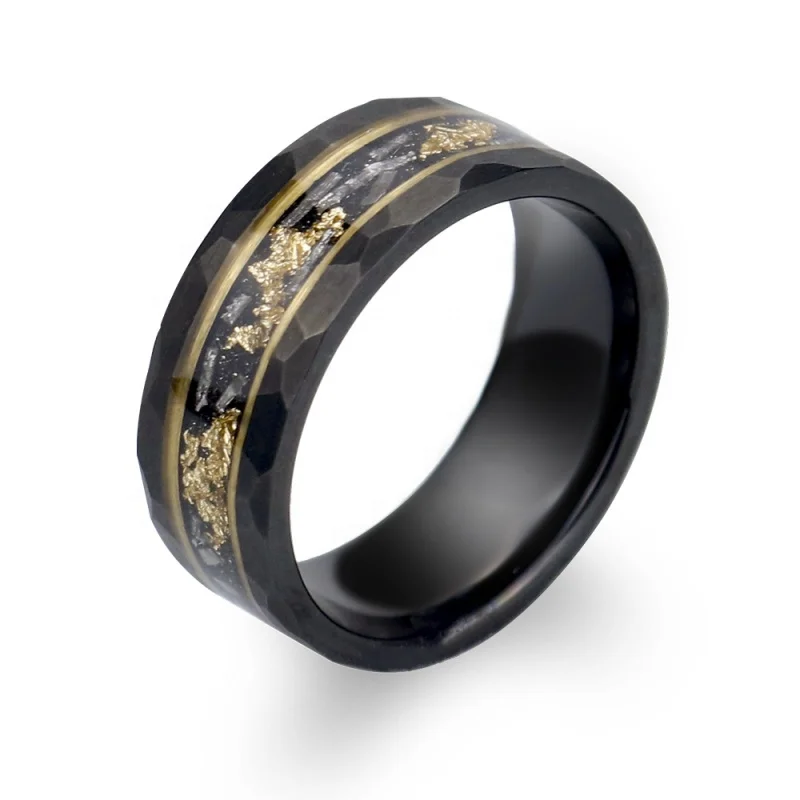 Custom Hammered Rings 8mm Black Tungsten Meteorite Gold Leaf Inlay Wedding Ring For Men
Custom Hammered Rings 8mm Black Tungsten Meteorite Gold Leaf Inlay Wedding Ring For Men