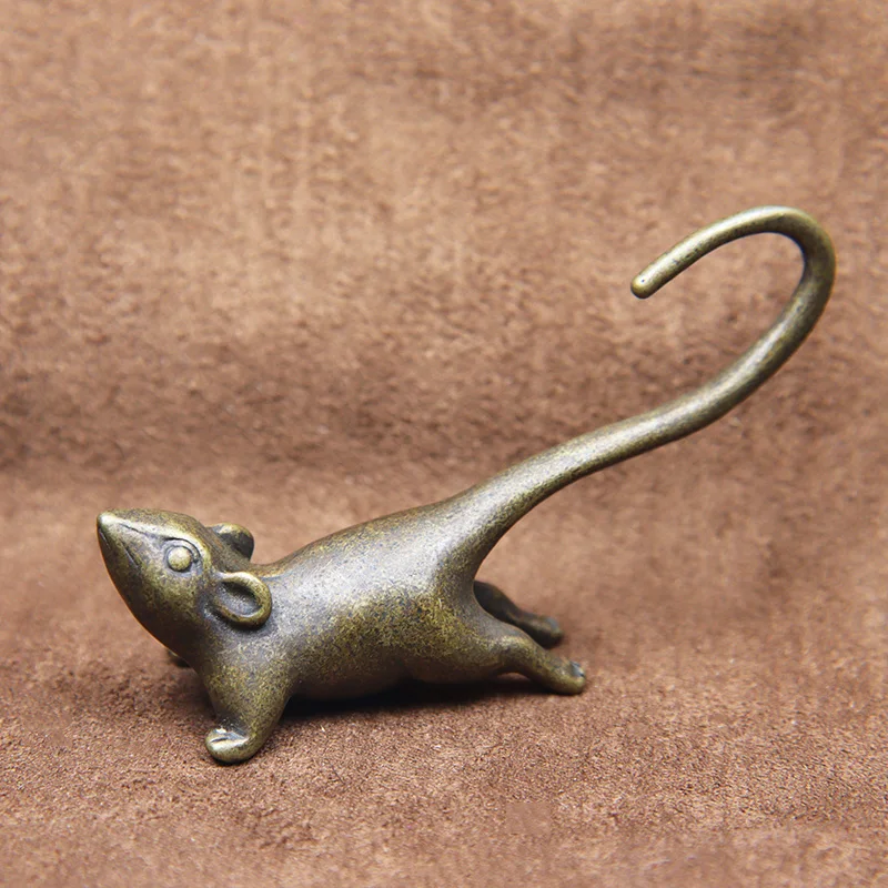 

Vintage Brass Long Tail Zodiac Mouse Statue Ornaments Cute Rat Miniatures Figurines Desktop Paperweight Decoration Mice Tea Pets