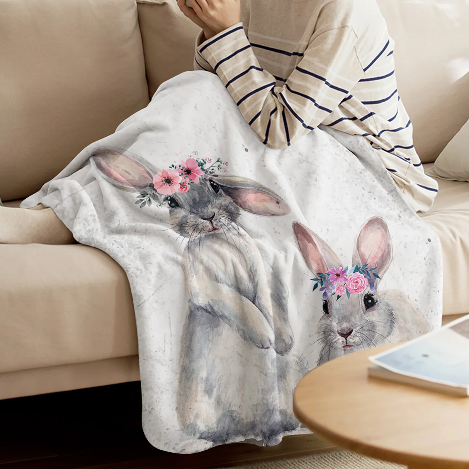 

Cute Rabbit Watercolor Flower Animal Printed Flannel Throw Blanket Quilts Keep Warm Sofa Child Blanket Home Textiles Family Gift