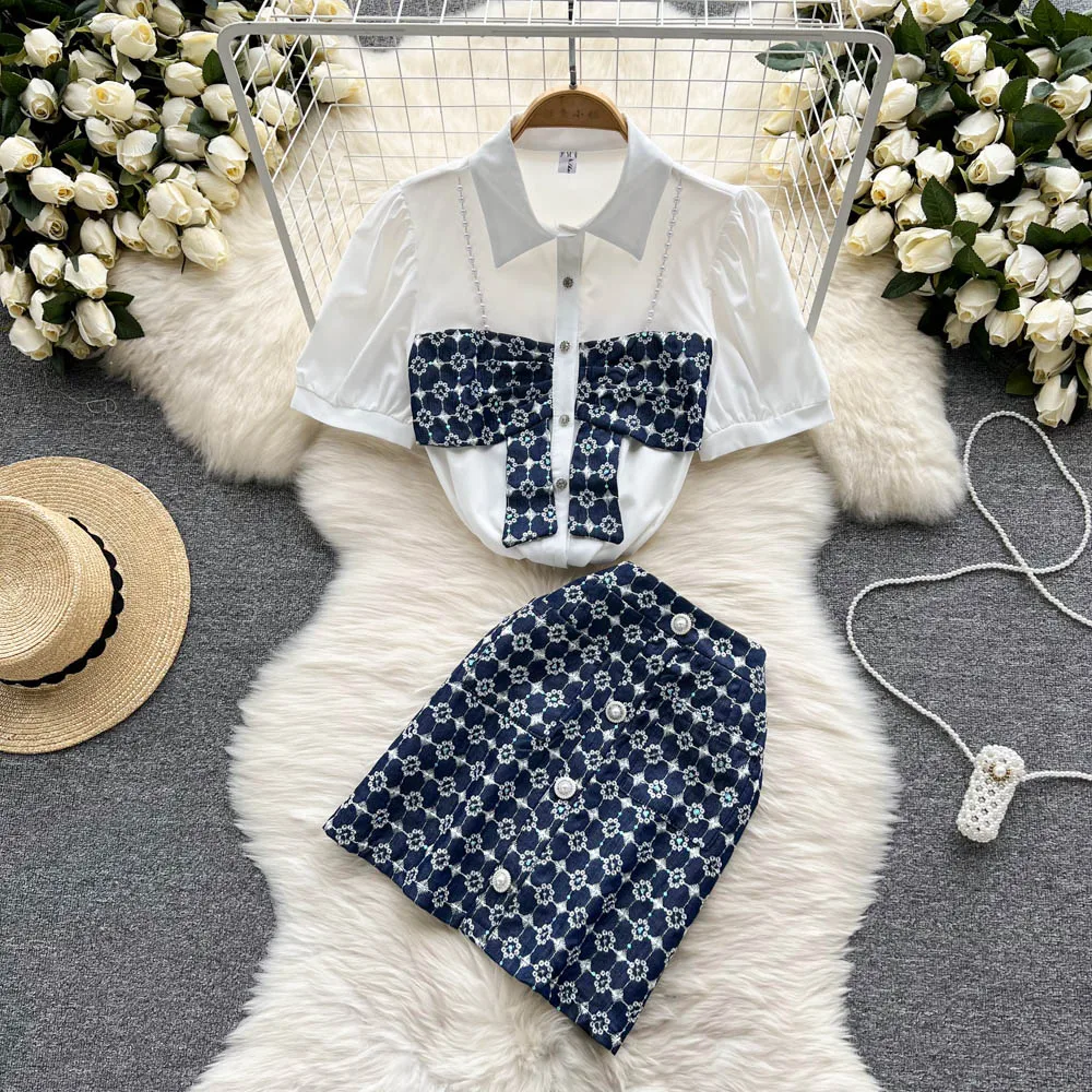 Korean Fashion Women's Summer New Lapel Short Sleeve Shirts + High Waist Embroidery Hip Wrap Skirt Two Piece Sets G377
Korean Fashion Women's Summer New Lapel Short Sleeve Shirts + High Waist Embroidery Hip Wrap Skirt Two Piece Sets G377