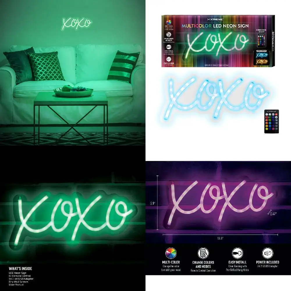 Luxurious Remote Control Multi-Color 13.3" x 5.9" XOXO LED Neon Sign Plastic Hanging Wall Art for Home Decoration and Office Dec
Luxurious Remote Control Multi-Color 13.3" x 5.9" XOXO LED Neon Sign Plastic Hanging Wall Art for Home Decoration and Office Dec