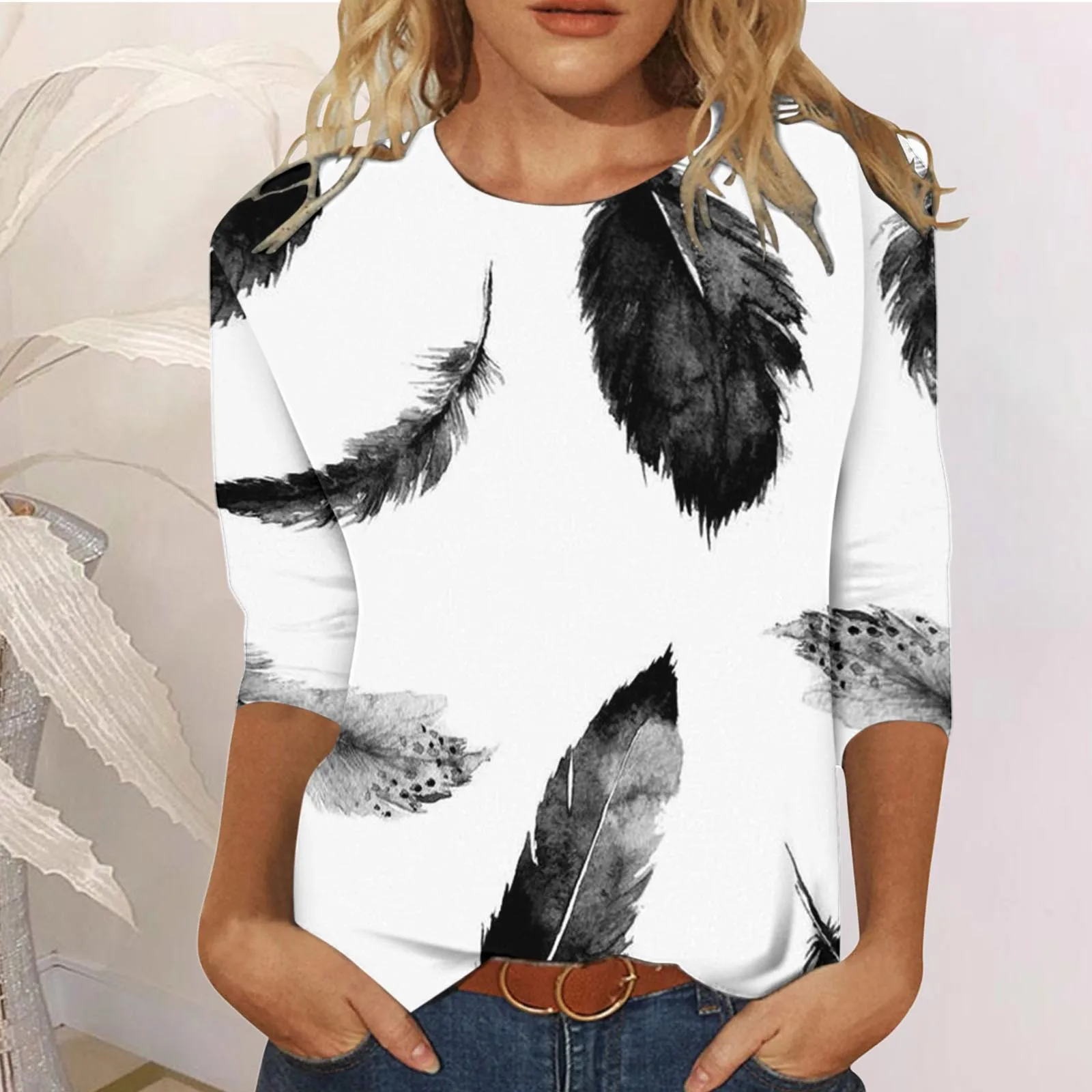 

Summer Shirt for Women Womens Casual Fashion Feather Printing Crew Neck Three Quarter Sleeve Pom Top Women Women's Thermal Tops