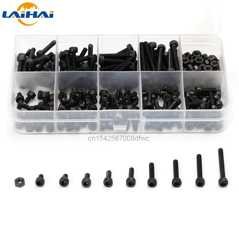 

300pcs/set Black Din912 M2 M2.5 M3 Allen Bolt Hex Socket Round Cap Head Screw And Nut Assortment Kit Set