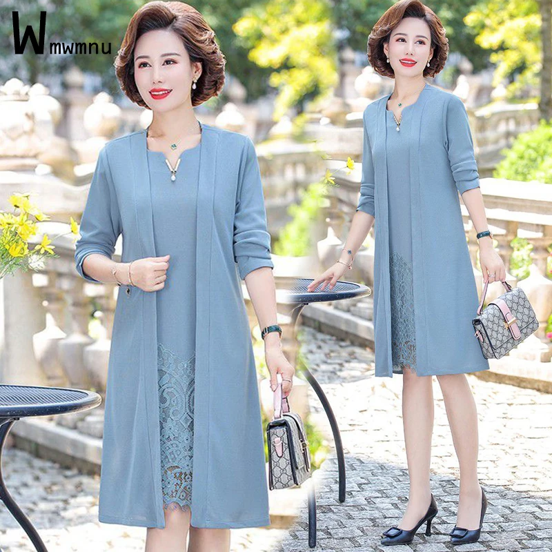 Women Blue Spliced Lace Dress Outfits Ladies Sleeveless Straight Robes and Full Sleeve Long Open Stitch Coat Suit Two Piece Sets
Women Blue Spliced Lace Dress Outfits Ladies Sleeveless Straight Robes and Full Sleeve Long Open Stitch Coat Suit Two Piece Sets
