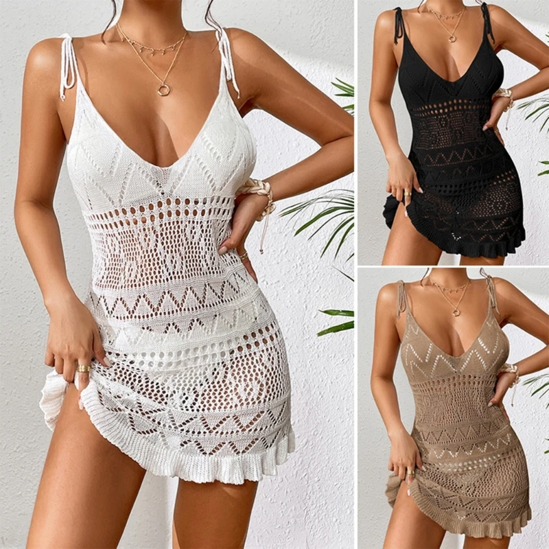 

Women Crocheted Beach Dress Hollow out Bikinis Cover Up Lady Summer See Through Solid Deep V-neck Swimsuit Mini Cami Dress