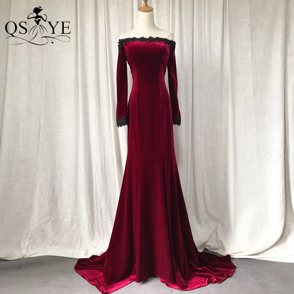 

Burgundy Velvet Prom Dresses Simple Long Sleeves Mermaid Evening Gown Boat Neck Stretch Party Women Fitted Open BackFormal Dress