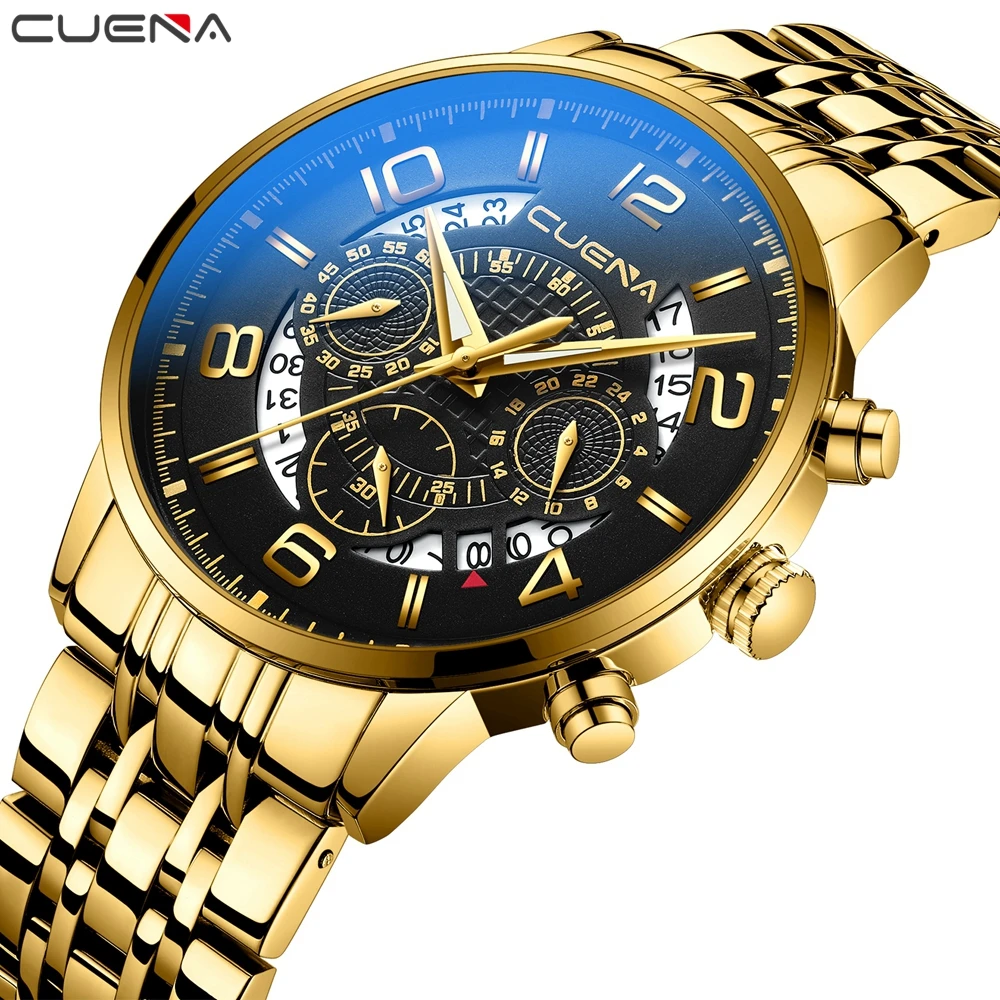 

CUENA Men's Watch Men's Three Eyes Six Needle Gold Steel Band Calendar Quartz Performance Watches for Men Relojes Para Hombre