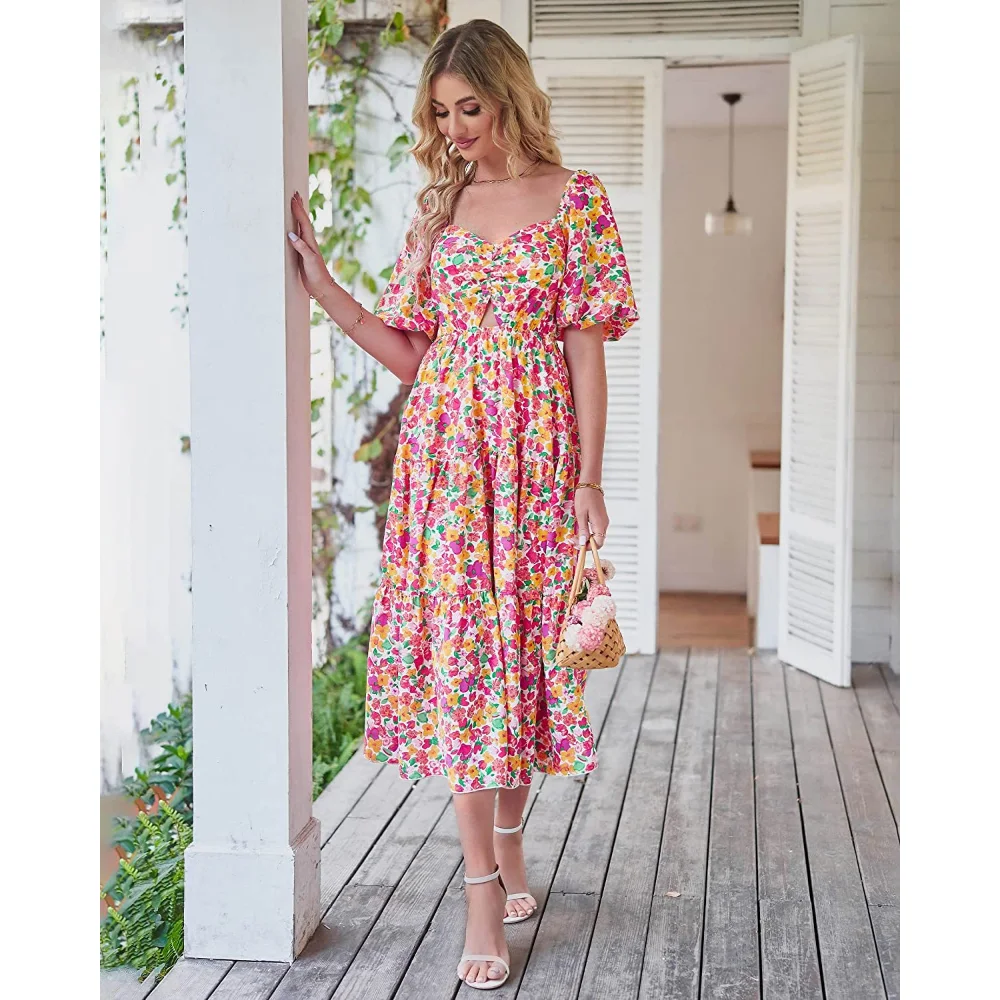 Summer New Square Neck Bubble Short-Sleeved Back Pleated Printed Women's Dress Comfortable Casual Maxi Dresses for Women
Summer New Square Neck Bubble Short-Sleeved Back Pleated Printed Women's Dress Comfortable Casual Maxi Dresses for Women