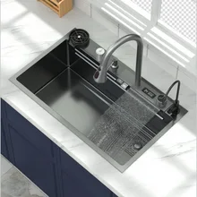 Kitchen Sink Stainless Steel Topmount Water Tank Large Single Slot Wash Basin With Multifunction Touch Waterfall Faucet