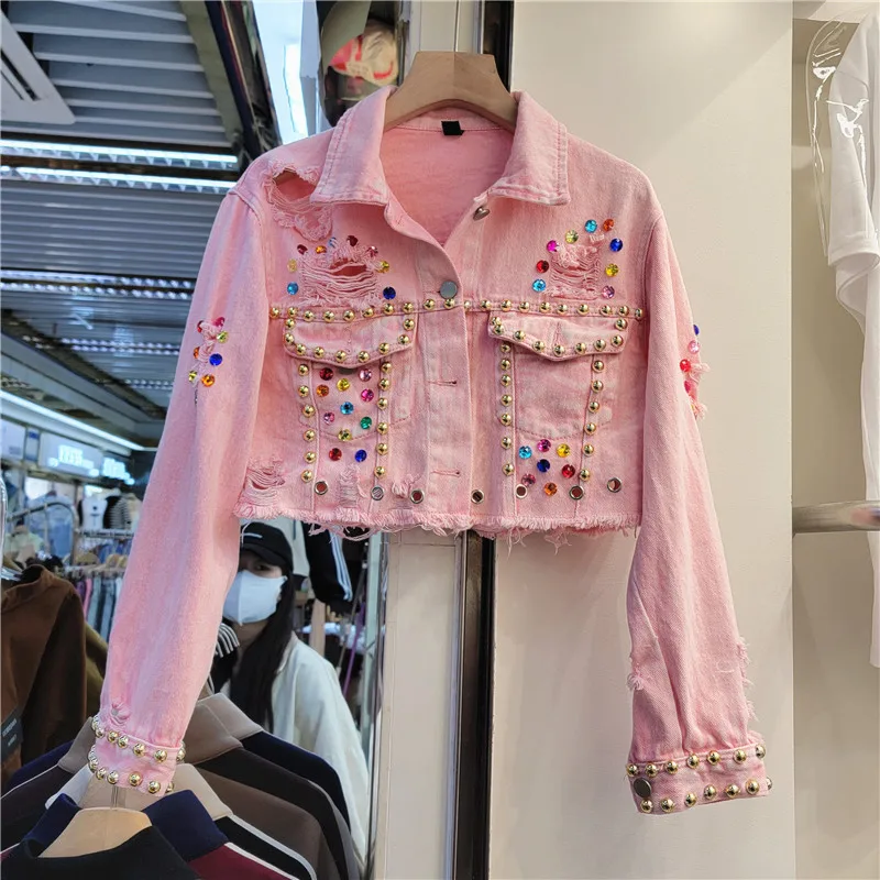 

Spring Women Frayed Burrs Hole Short Denim Jacket Heavy Work Rivet Beaded Diamonds Long Sleeve Female Jeans Jackets Streetwear