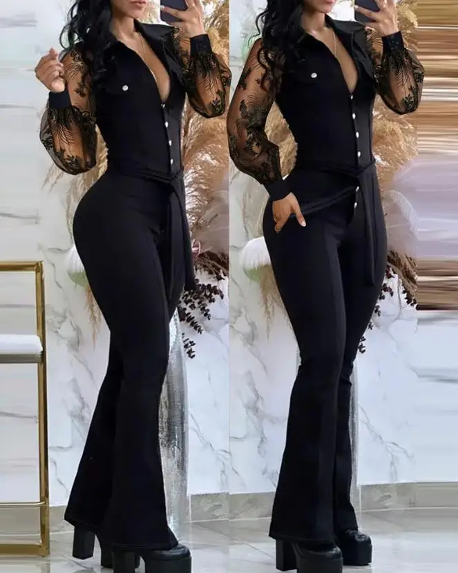 

Jumpsuit Women 2023 Sexy Elegant Plunge Buttoned Tied Detail Flared Jumpsuit Women's Clothing Fashion Overalls Autumn Rompers