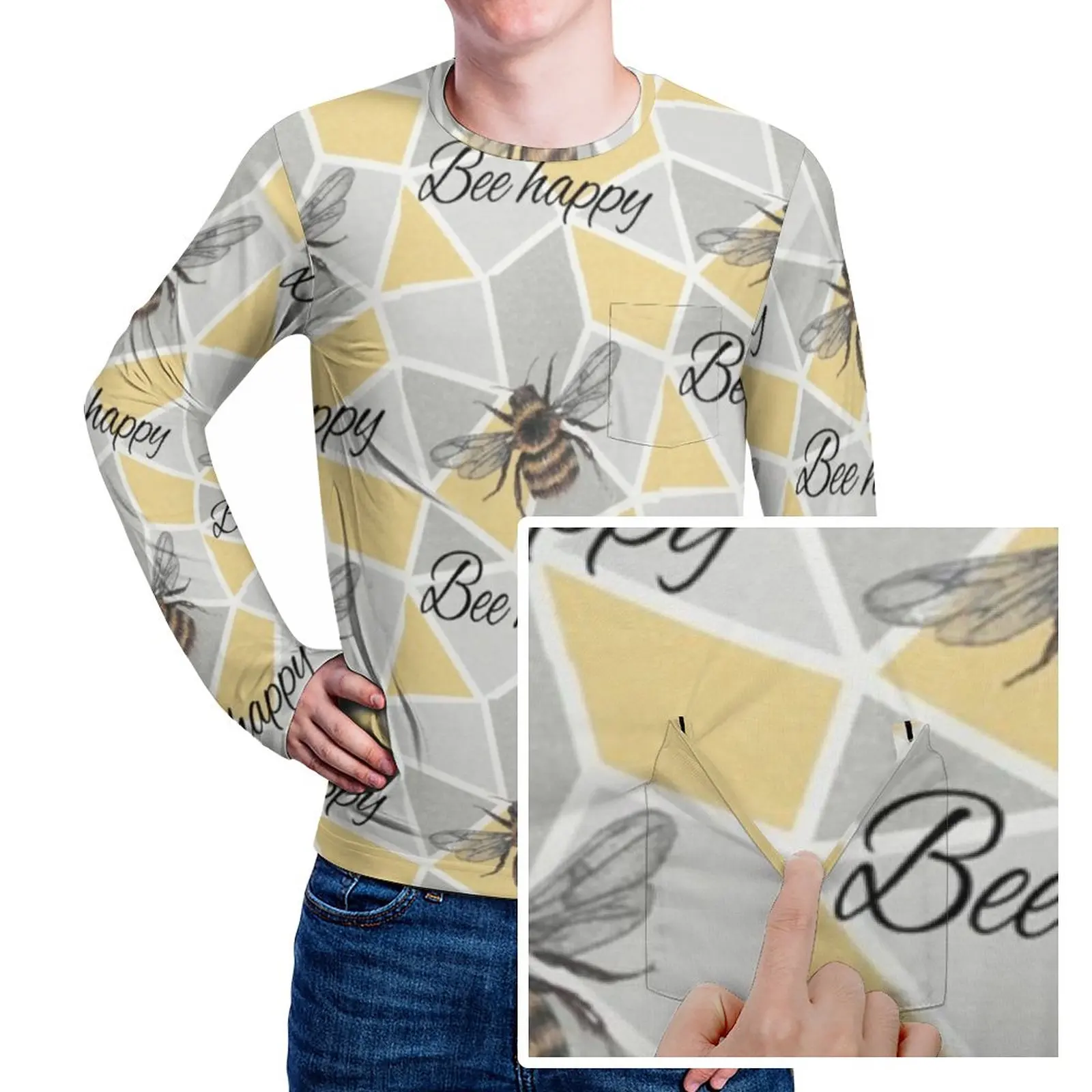 

Bumble Bees T-Shirt With Pocket Geometric Bee Happy Trendy T-Shirts Man Aesthetic Tee Shirt Long Sleeve Graphic Tees Big Size