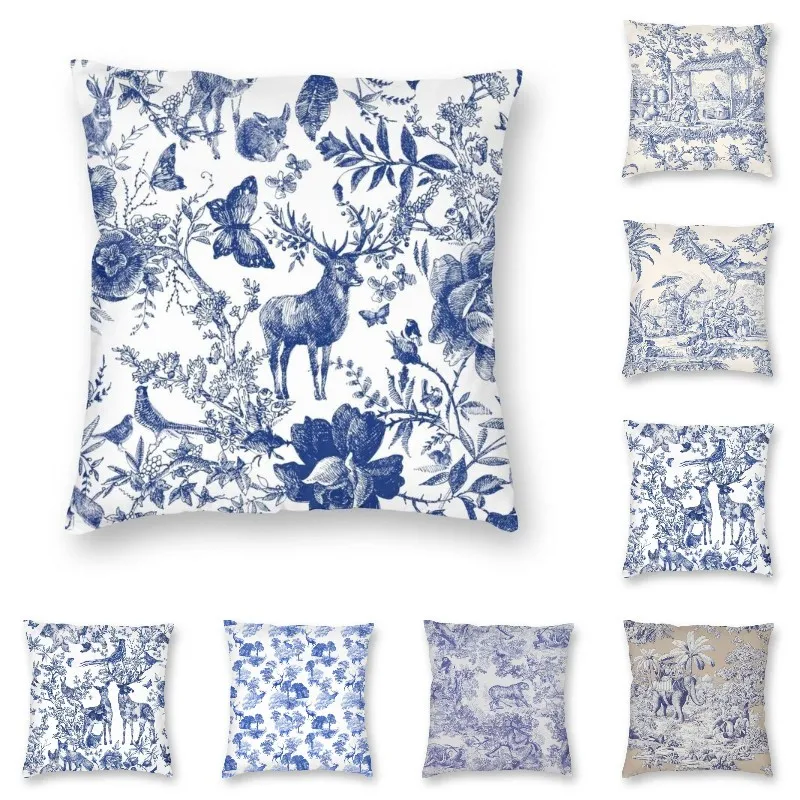 

Navy Blue Toile De Jouy French Motif Pattern Throw Pillow Cover Home Decor Animal Forest Square Cushion Cover for Living Room