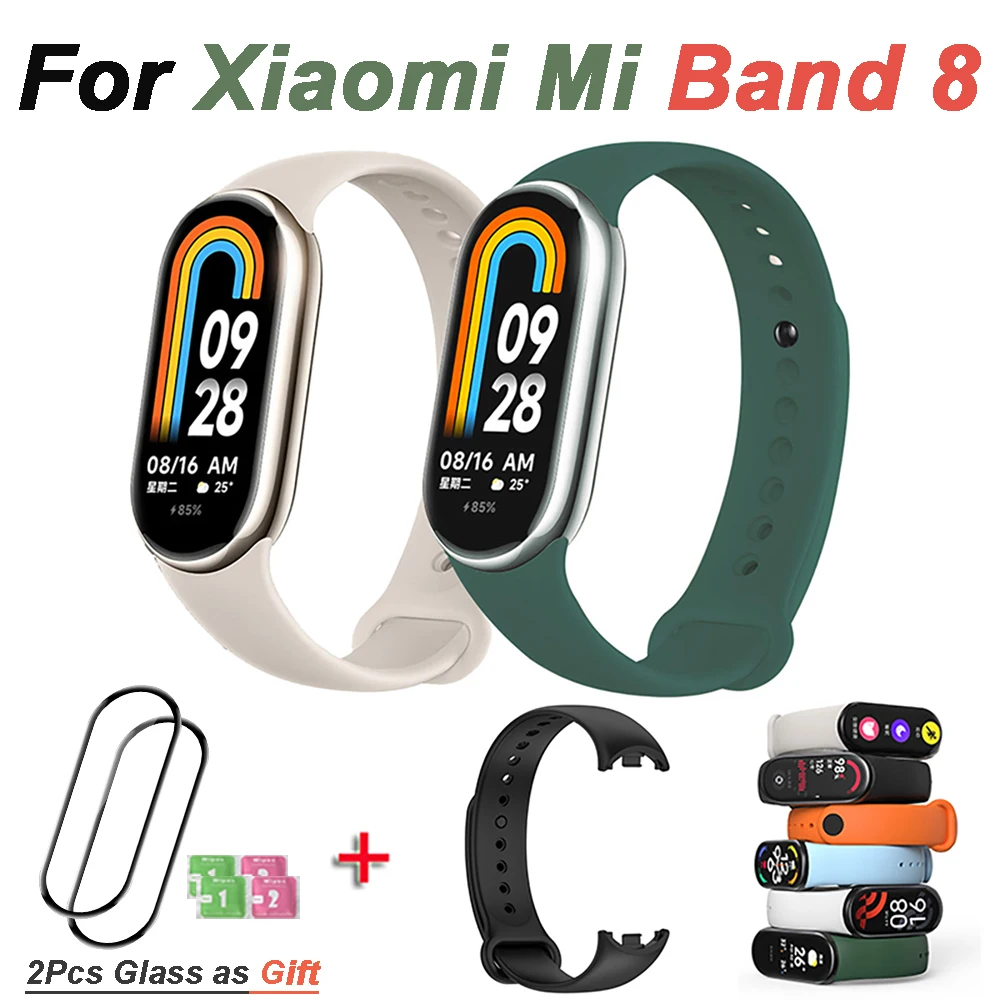 Пленка и силиконовый браслет для Xiaomi Mi Band 8, Защита экрана для ремня Mi Band 8, 3D изогнутое защитное стекло, 2 шт. в подарок