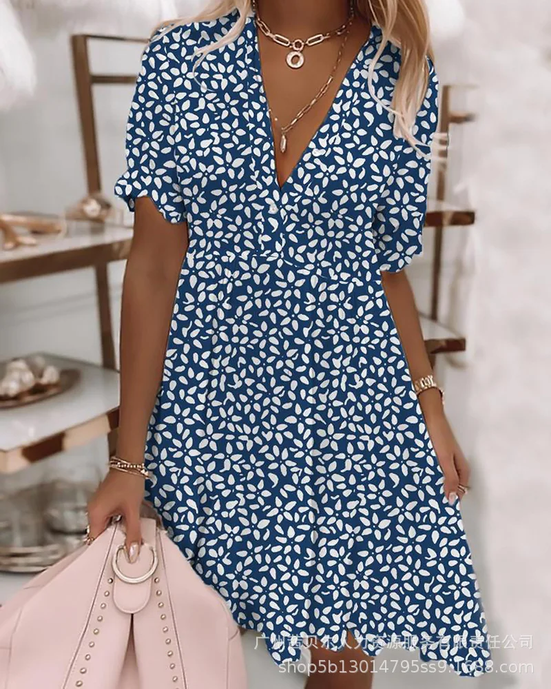 

Ditsy Floral Print Casual Dress V Neck Beach Dress Ruffles Mini Dress Women A-line Summer 2023 New Sundress Sexy Vestidos