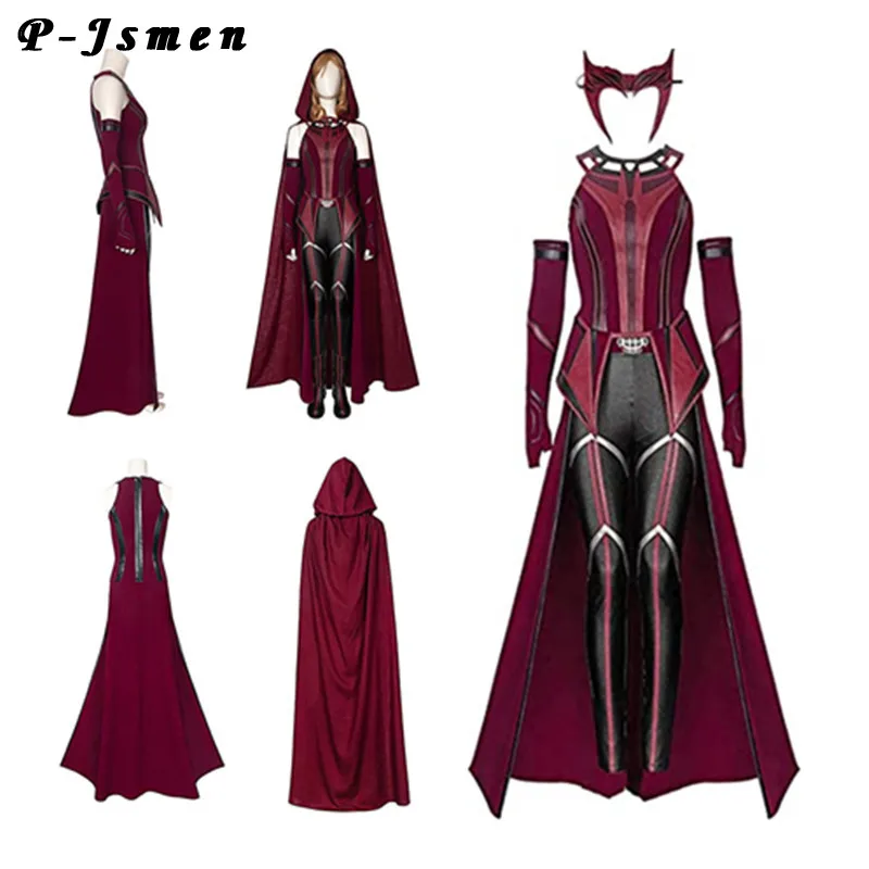 

Female Wanda Maximoff Cosplay Costume Scarlet Witch Headwear Cloak and Pants Full Set Outfit Halloween Accessories Props