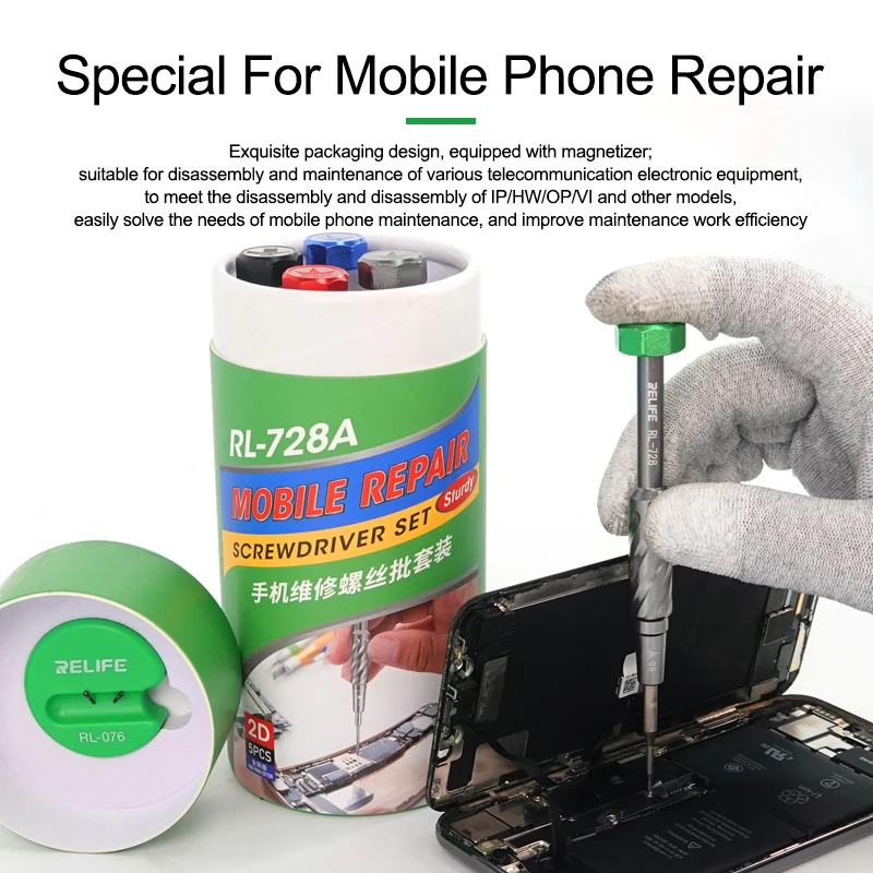 RELIFE RL-728A IPhone Repair Screwdriver Set Strong Magnetic Adsorption S2 Steel Bit Suitable for IP/HW/OP/VI Motherboard
RELIFE RL-728A IPhone Repair Screwdriver Set Strong Magnetic Adsorption S2 Steel Bit Suitable for IP/HW/OP/VI Motherboard