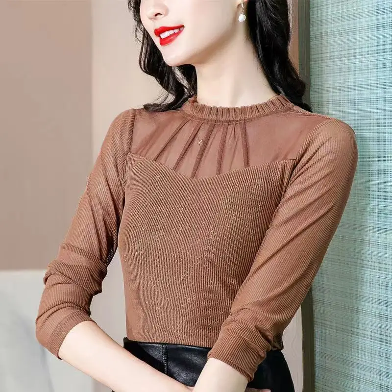 Bright t shirt female 2022 autumn and winter new wild metal mesh splicing temperament long sleeve o neck lace solid t shirt
Bright t shirt female 2022 autumn and winter new wild metal mesh splicing temperament long sleeve o neck lace solid t shirt