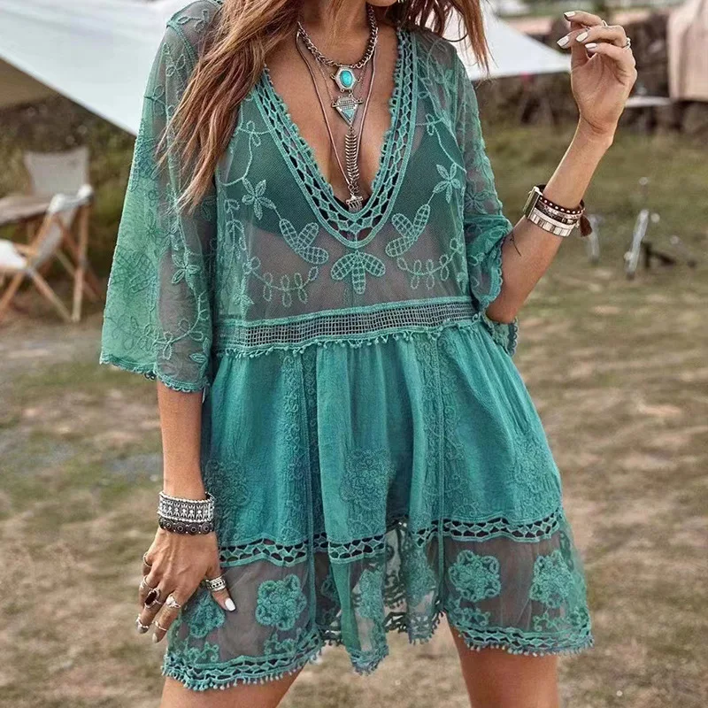 

Swimsuits Woman 2022 Sexy Beach Cover Up V-neck Women Beach Tunic Dress Sarong Bikini Cover Up Crochet Top For Women Beachwear