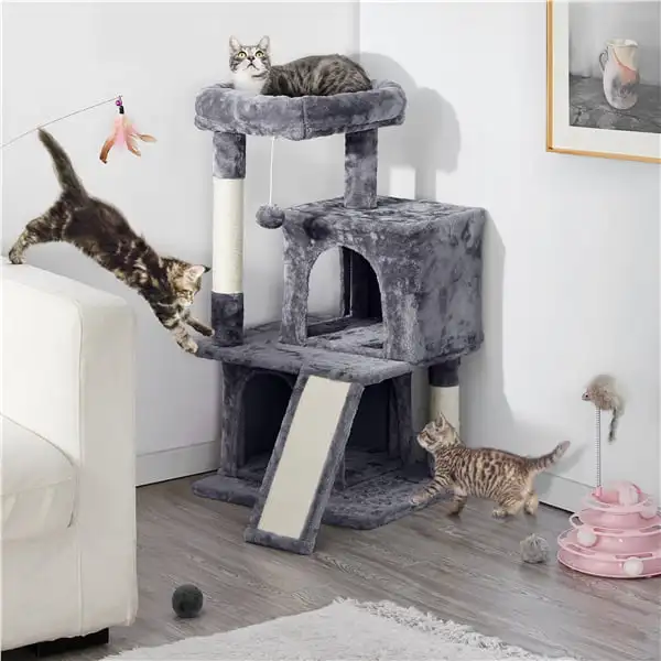 36'' H Cat Tree Tower Cat House with Double Condos Scratching Posts Sisal Rope Furry Ball for Cats and Kittens, Dark Gray
36'' H Cat Tree Tower Cat House with Double Condos Scratching Posts Sisal Rope Furry Ball for Cats and Kittens, Dark Gray